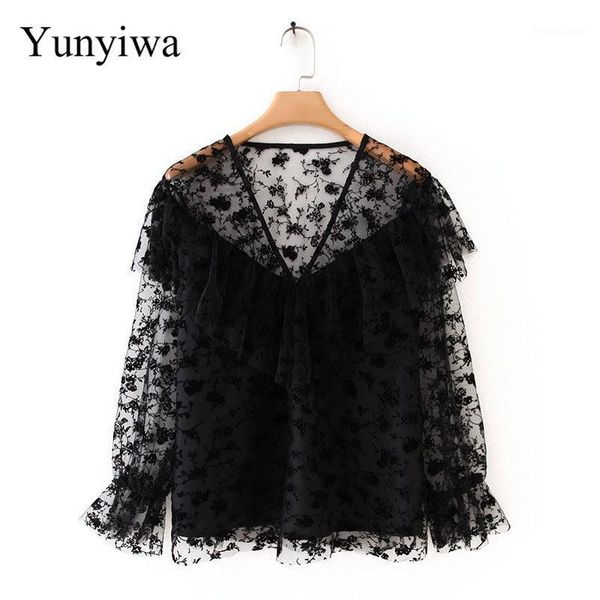 women v neck cascading ruffles casual black mesh shirt ladies chic transparent blouses autumn floral pattern 1, White
women v neck cascading ruffles casual black mesh shirt ladies chic transparent blouses autumn floral pattern 1, White