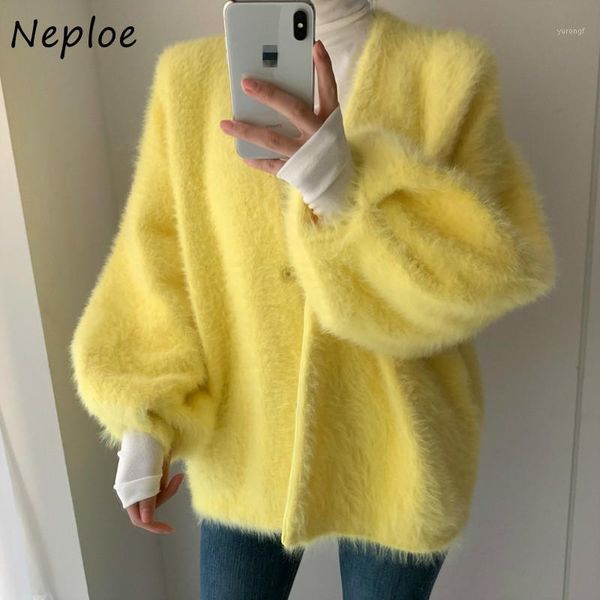 neploe autumn winter v-neck chic faux mink jackets elegant thicked warm soft women coat loose lantern sleeve cardigans 1h2471, Black;brown