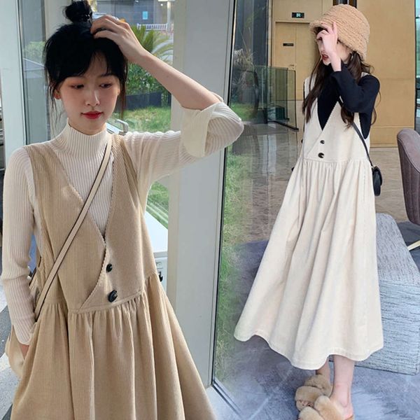 2020 materni + sweater corduroy v-neck loose mid length strap skirt 2-piece set, White
2020 materni + sweater corduroy v-neck loose mid length strap skirt 2-piece set, White