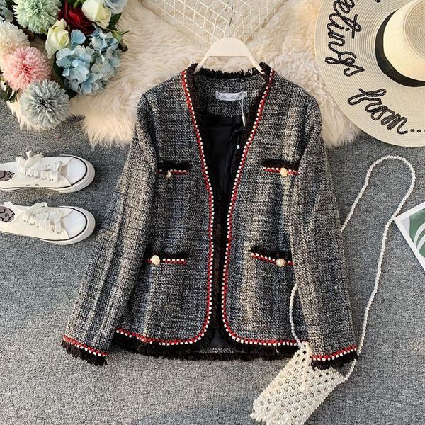 plaid wool short jacket long sleeve cardigan vintage korean elegant tassel white v neck office korean women female suit overcoat1, Black;brown
plaid wool short jacket long sleeve cardigan vintage korean elegant tassel white v neck office korean women female suit overcoat1, Black;brown