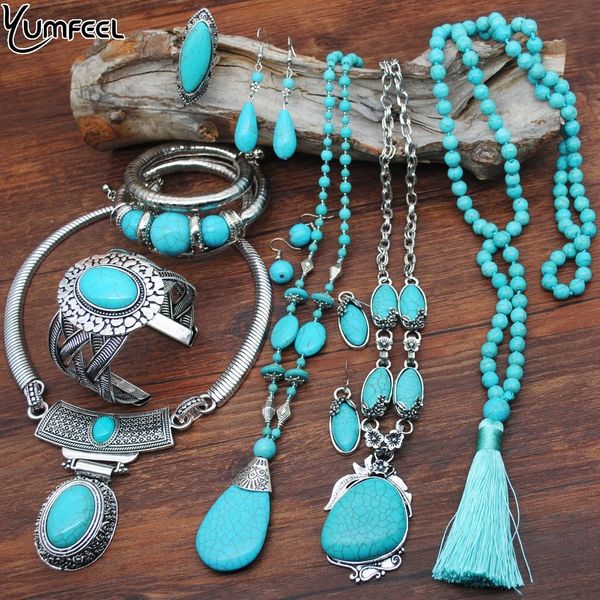 yumfeel new turquoise set vintage silver plated necklace bracelet earring ring jewelry sets women, Golden;silver
yumfeel new turquoise set vintage silver plated necklace bracelet earring ring jewelry sets women, Golden;silver