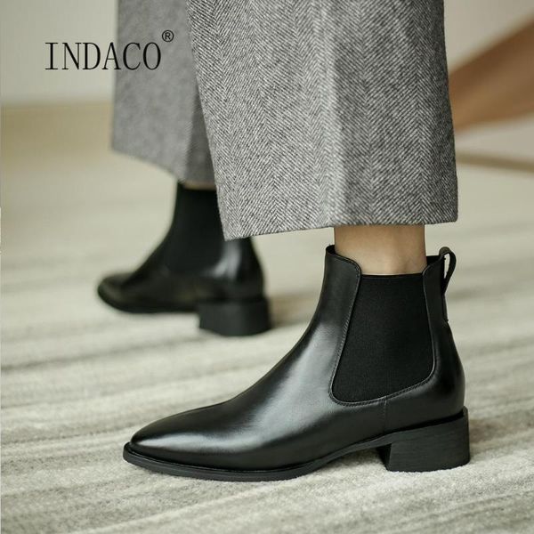 boots women genuine leather winter thick heels pointed toe ankle black brown