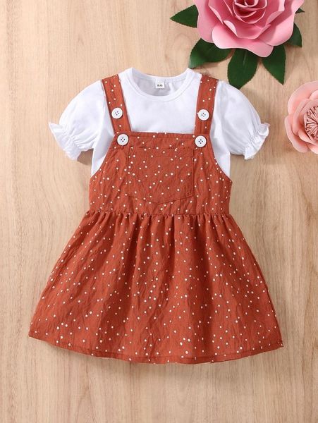 baby puff sleeve tee & polka dot patched pocket overall dress she, White