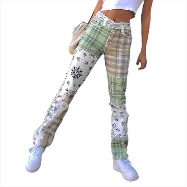 womens street style hip hop denim trousers personalized plaid print stitching color denim pants straight leg pants jeans, Blue
womens street style hip hop denim trousers personalized plaid print stitching color denim pants straight leg pants jeans, Blue