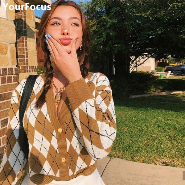 women's knits & tees vintage chic loose brown argyle plaid knitted sweater cardigan winter clothes women short pull crop top, White
women's knits & tees vintage chic loose brown argyle plaid knitted sweater cardigan winter clothes women short pull crop top, White