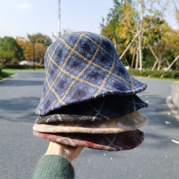 beanies autumn winter korean fashion japanese wool plaid fisherman's hat warm and thickened british retro woolen basin