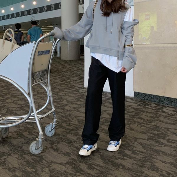 lw018 gray hooded sweatercoat sweatersweater women's loose korean style early thin autumn lazy coatshoulder zipper gray hooded sweaterc, Black
lw018 gray hooded sweatercoat sweatersweater women's loose korean style early thin autumn lazy coatshoulder zipper gray hooded sweaterc, Black