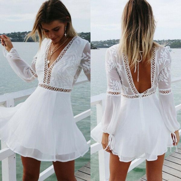 women summer beach dress v neck open back lace ruffles lace hollow out mini dresses elegant white dress vestidos1, Black;gray
women summer beach dress v neck open back lace ruffles lace hollow out mini dresses elegant white dress vestidos1, Black;gray