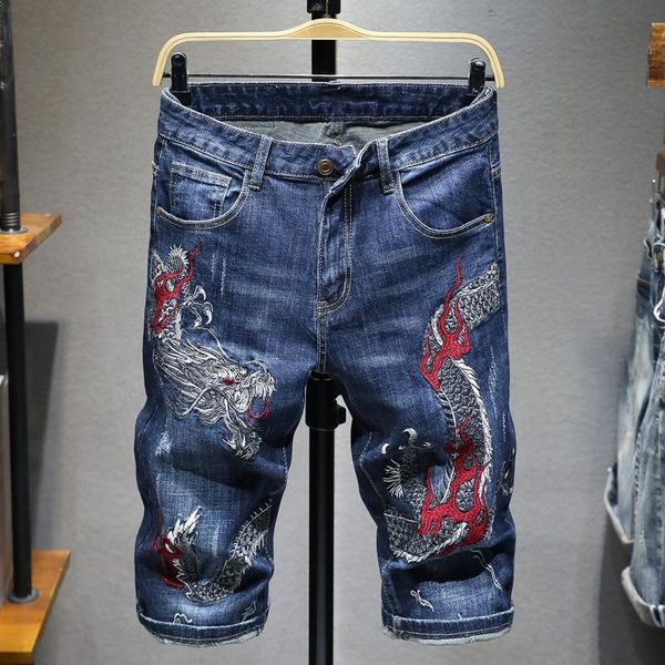 chinese style dragon embroidered hole denim shorts men's cotton slim pants summer retro washed blue straight jeans shorts, White;black
chinese style dragon embroidered hole denim shorts men's cotton slim pants summer retro washed blue straight jeans shorts, White;black