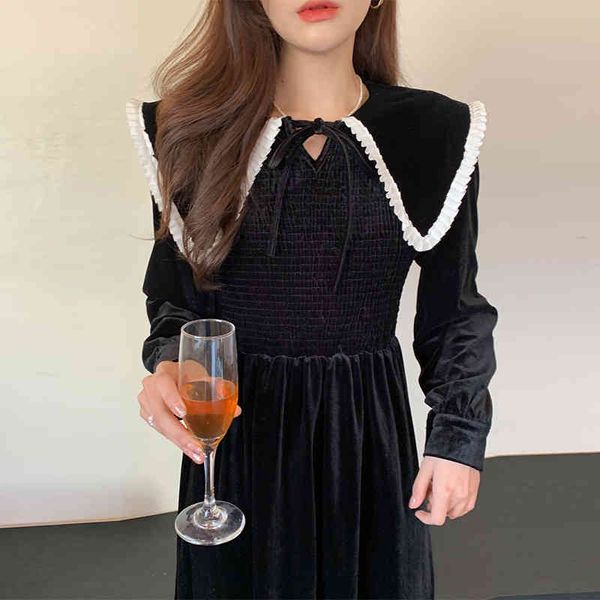woman chic sweet dress spring retro navy large lapel lace stitching folds waist slim long velvet a-line dress, Black;gray
woman chic sweet dress spring retro navy large lapel lace stitching folds waist slim long velvet a-line dress, Black;gray