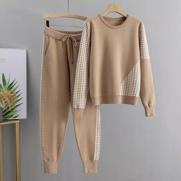 houndstooth knit 2 piece set tracksuits fall winter women pullover sweater + carrot harem pants sporting suit female, Gray 
houndstooth knit 2 piece set tracksuits fall winter women pullover sweater + carrot harem pants sporting suit female, Gray