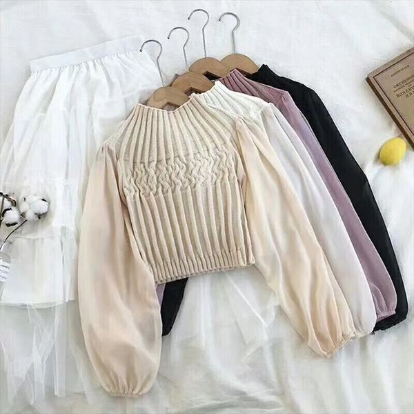 women sweater 2020 korean long lantern sleeve chiffon patchwork sweet solid short style girl early spring knitted pullovers, White;black
women sweater 2020 korean long lantern sleeve chiffon patchwork sweet solid short style girl early spring knitted pullovers, White;black