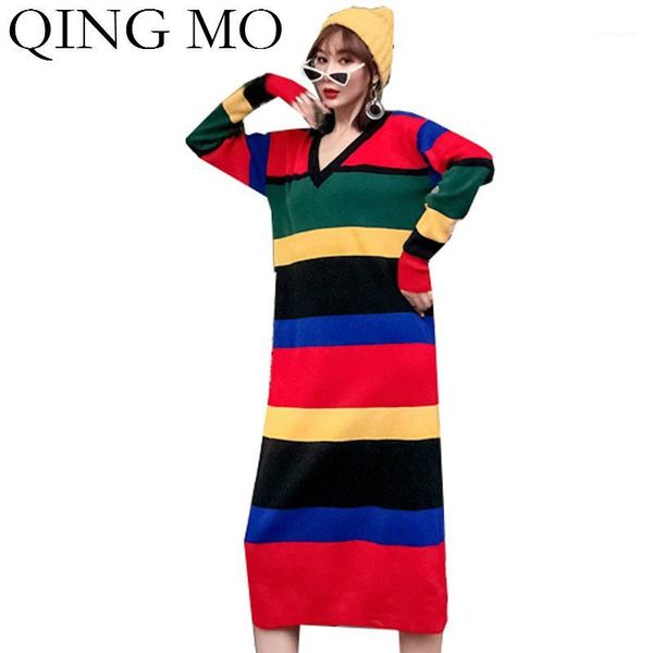 qing mo autumn women v neck sweater dress 2020 women colorful striped dress female knitted sweater fit body zqy45831, Black;gray
qing mo autumn women v neck sweater dress 2020 women colorful striped dress female knitted sweater fit body zqy45831, Black;gray