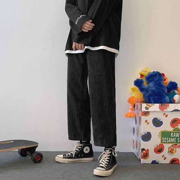 pleated solid color casual corduroy pants men ankle-length elastic waist loose straight vintage trousers male wild, Black
pleated solid color casual corduroy pants men ankle-length elastic waist loose straight vintage trousers male wild, Black