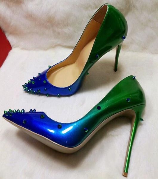 gradient color rivets high heel pumps patent leather pointed toe stiletto heel shallow dress shoes spikes heels pump, Black
gradient color rivets high heel pumps patent leather pointed toe stiletto heel shallow dress shoes spikes heels pump, Black