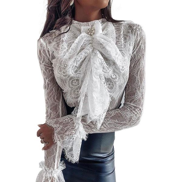 women lace blouse shirt casual long sleeve bow tie office shirts, White 
women lace blouse shirt casual long sleeve bow tie office shirts, White