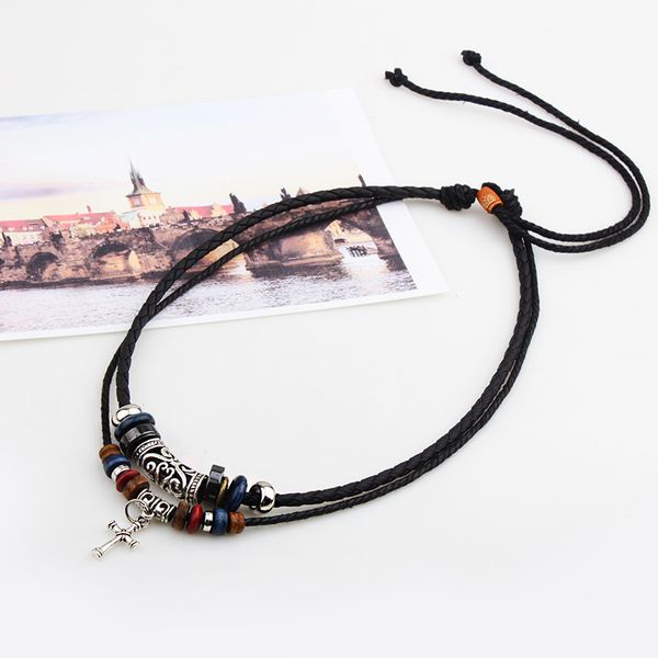 religious necklace double beaded cross necklace leather rope woven men's necklace accessories, Silver
religious necklace double beaded cross necklace leather rope woven men's necklace accessories, Silver