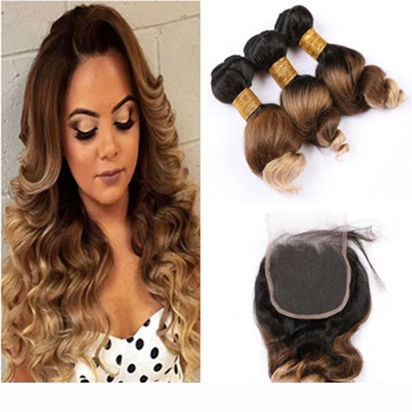 #1b 4 27 ombre loose wave human hair 3bundles with closure three tone brazilian virgin hair weaves with lace closure 4x4 honey blonde, Black
#1b 4 27 ombre loose wave human hair 3bundles with closure three tone brazilian virgin hair weaves with lace closure 4x4 honey blonde, Black