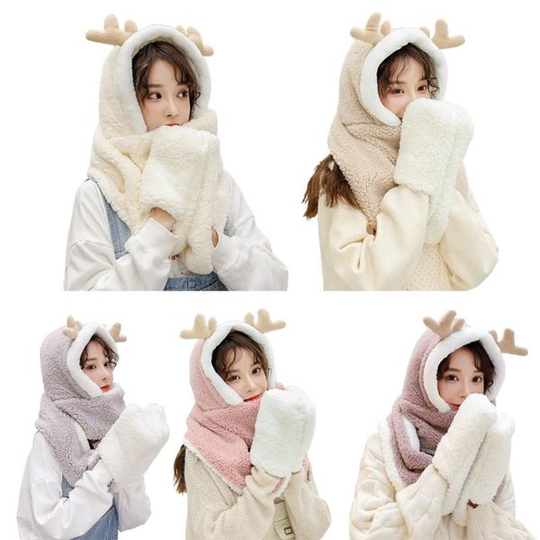 women winter warm reindeer antler 3 in 1 plush hoodie hat with long scarf gloves 85wb, Blue;gray
women winter warm reindeer antler 3 in 1 plush hoodie hat with long scarf gloves 85wb, Blue;gray