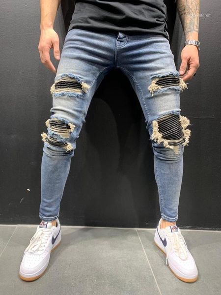 men's jeans blue flash laser design biker ripped men's jeans1