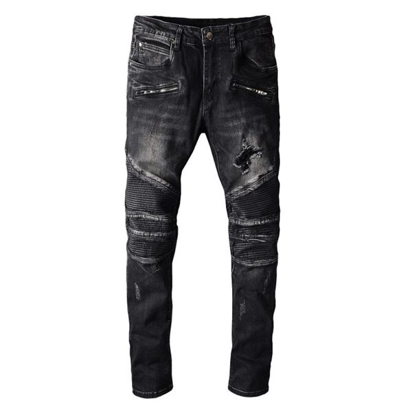 men's jeans biker black stretch denim pants pleated holes ripped slim pencil trousers, Blue
men's jeans biker black stretch denim pants pleated holes ripped slim pencil trousers, Blue