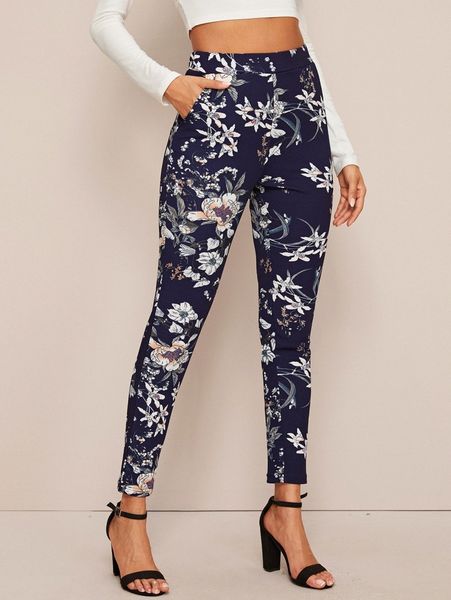 floral print high waist skinny pants v8oa#, Black;white 
floral print high waist skinny pants v8oa#, Black;white