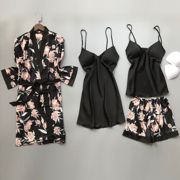 2021 Spring Autumn Women Silk Pajamas Sets With Chest Pads Flower Print Pijama Sleepwear 4 Pieces Spaghetti Strap Satin Pyjamas
2021 Spring Autumn Women Silk Pajamas Sets With Chest Pads Flower Print Pijama Sleepwear 4 Pieces Spaghetti Strap Satin Pyjamas