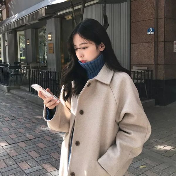 2019 new medium-long pure color women's woolen casual loose long-sleeved coat female, Black 
2019 new medium-long pure color women's woolen casual loose long-sleeved coat female, Black