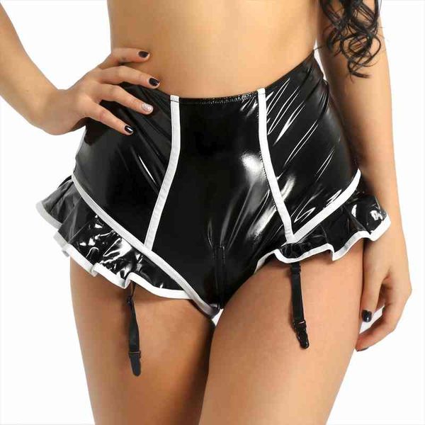 women wetlook faux leather mini shorts ruffled high waist shorts zip crotch surspender short panties with garters club xl, White;black
women wetlook faux leather mini shorts ruffled high waist shorts zip crotch surspender short panties with garters club xl, White;black