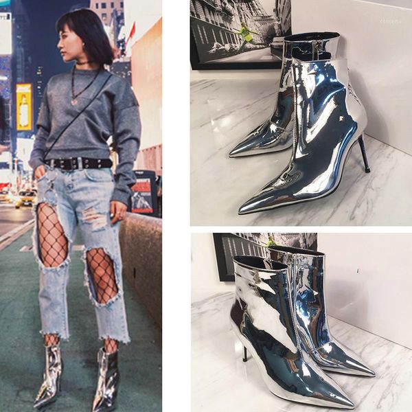 fashion bright leather thick pointed metal short boots patent leather silver boots female british wind side zipper heels1, Black
fashion bright leather thick pointed metal short boots patent leather silver boots female british wind side zipper heels1, Black