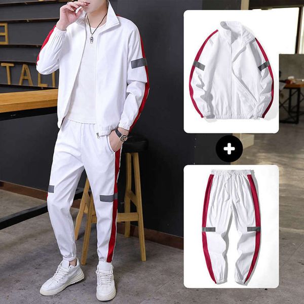 men's suit casual autumn reflective sportswear strip fashion trend couple's two piece set, Gray 
men's suit casual autumn reflective sportswear strip fashion trend couple's two piece set, Gray