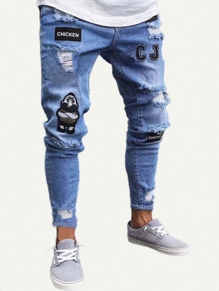men ripped patched jeans h3z6#, Blue