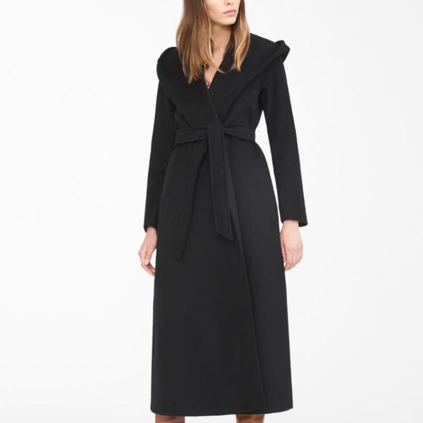 autumn winter black belted hooded cardigan handmade cashmere double-sided jacket1