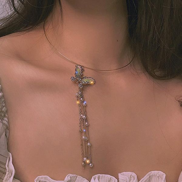chokers korean romantic retro pearls rhinestone long tassel butterfly choker necklace for women bijoux collar jewelry, Golden;silver 
chokers korean romantic retro pearls rhinestone long tassel butterfly choker necklace for women bijoux collar jewelry, Golden;silver