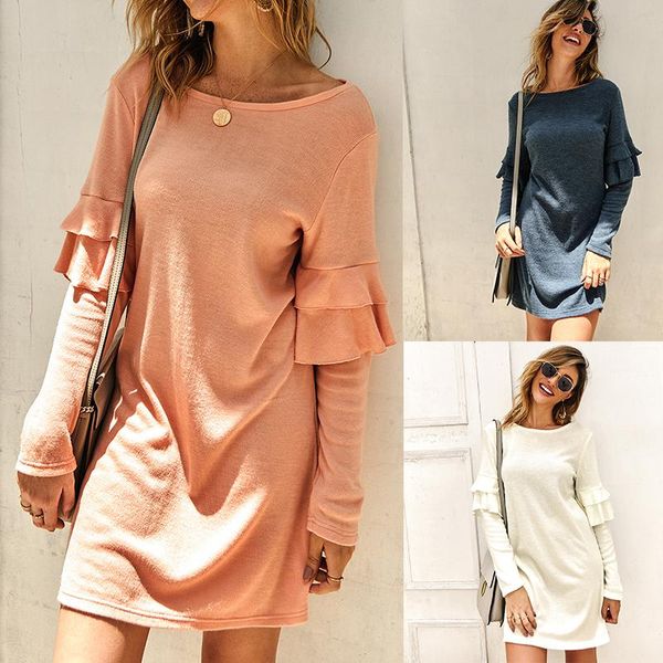2021 fashion casual round neck solid color ruffled long sleeve mini dress a line dress winter, Black;gray 
2021 fashion casual round neck solid color ruffled long sleeve mini dress a line dress winter, Black;gray
