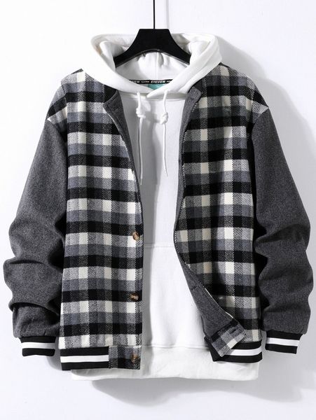 men plaid striped trim drop shoulder wool-mix jacket without hoodie 16ux#, Black;brown
men plaid striped trim drop shoulder wool-mix jacket without hoodie 16ux#, Black;brown