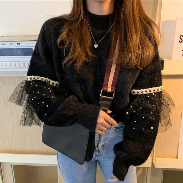 2021 korean version sweater autumn winter new western style loose lazy mesh stitching round neck lantern sleeve pptq, White;black
2021 korean version sweater autumn winter new western style loose lazy mesh stitching round neck lantern sleeve pptq, White;black