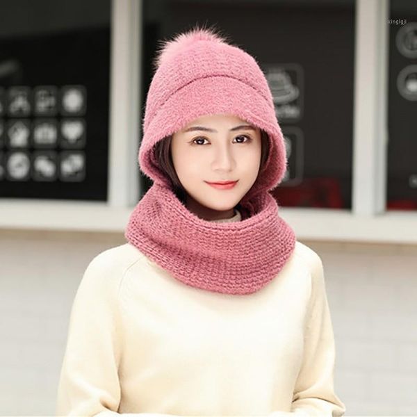 cycling caps & masks 2021 2pcs fashion women cute warm hat knitted skullies beanies ski cap and scarf set1, Black