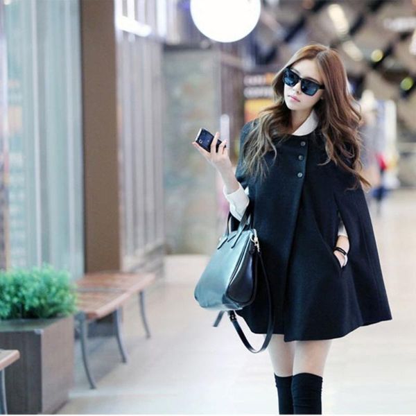 women winter batwing poncho single-breasted woolen casual loose parka hooded collar long sleeve cloak coat capes jacket for girl, Black
women winter batwing poncho single-breasted woolen casual loose parka hooded collar long sleeve cloak coat capes jacket for girl, Black
