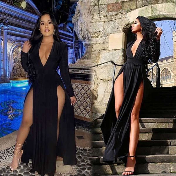 women's solid color long sleeve splicing v-neck hem split dress, Black;gray
women's solid color long sleeve splicing v-neck hem split dress, Black;gray