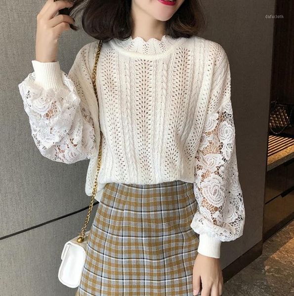 2020 autumn lace sleeve sweaters women hollow out sleeve knitted pullovers woman sweaters1, White;black