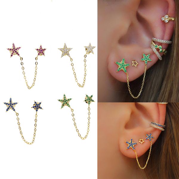 1 piece double piercing micro pave colorful cz star 2 stud earring 2 star with chain fashion jewelry, Golden;silver
1 piece double piercing micro pave colorful cz star 2 stud earring 2 star with chain fashion jewelry, Golden;silver