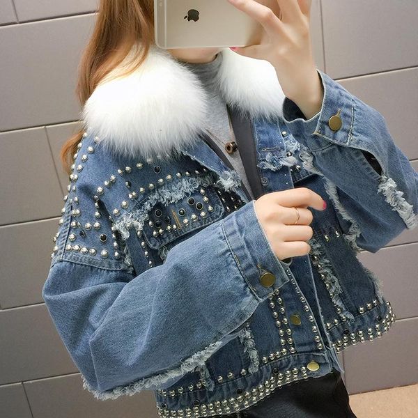 womens denim jeans real fur collar coats peacoat warm winter detachable down puffer liner thick rivet punk outwear slim fit, Black
womens denim jeans real fur collar coats peacoat warm winter detachable down puffer liner thick rivet punk outwear slim fit, Black