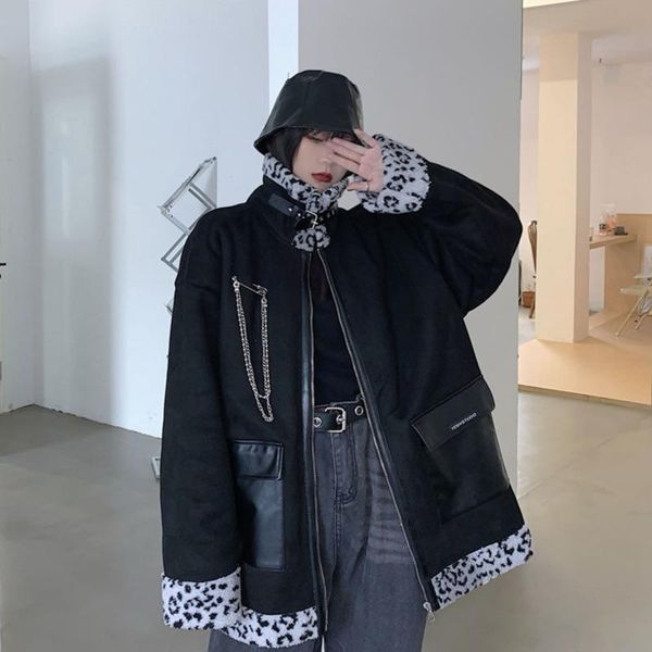 women's fur & faux women lamb coat double sided leopard jacket harajuku loose warm thick female winter collar standing leather outwear, Black
women's fur & faux women lamb coat double sided leopard jacket harajuku loose warm thick female winter collar standing leather outwear, Black