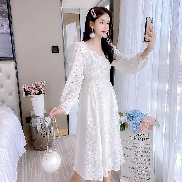 2020 autumn long skirt dress harvest waist show thin medium length skirt elegant v-neck bubble sleeve dress zephn, Black;gray 
2020 autumn long skirt dress harvest waist show thin medium length skirt elegant v-neck bubble sleeve dress zephn, Black;gray
