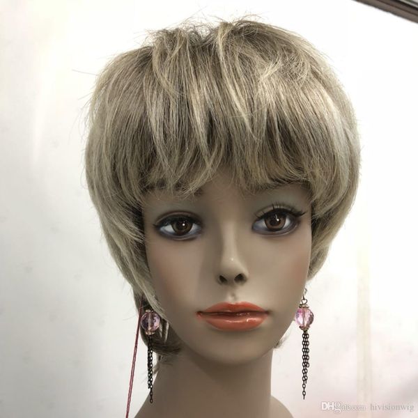 2018 health super cute gray grey mix brown root short straight human hair full women's wig, Black
2018 health super cute gray grey mix brown root short straight human hair full women's wig, Black
