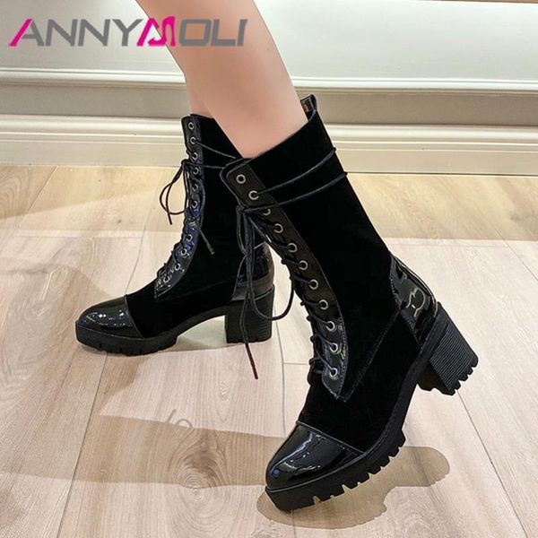 boots annymoli natural genuine leather woman high heel mid calf lace up chunky shoes female autumn winter 34-431, Black
boots annymoli natural genuine leather woman high heel mid calf lace up chunky shoes female autumn winter 34-431, Black