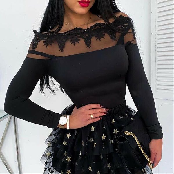 2021 women mesh sheer see through patchwork tee shirt long sleeve lace off shoulder slim fit blouse, White
2021 women mesh sheer see through patchwork tee shirt long sleeve lace off shoulder slim fit blouse, White