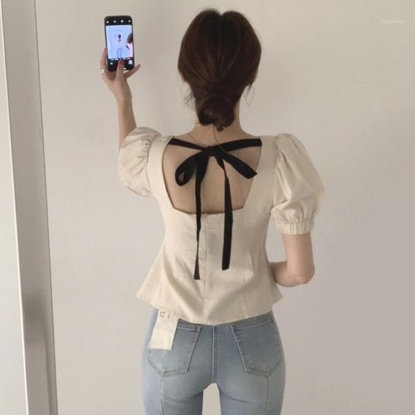 backless summer blouse square collar short puff sleeve loose slim shirts korean bow lace up french vintage 2020 w8121, White
backless summer blouse square collar short puff sleeve loose slim shirts korean bow lace up french vintage 2020 w8121, White