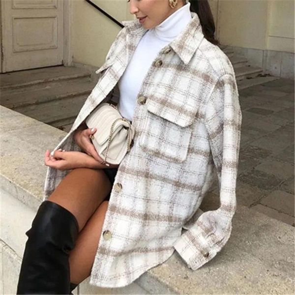 women's wool & blends 2021 casual plaid loose drop shoulder sleeve button lapel pocket street style autumn warm shirt, Black
women's wool & blends 2021 casual plaid loose drop shoulder sleeve button lapel pocket street style autumn warm shirt, Black